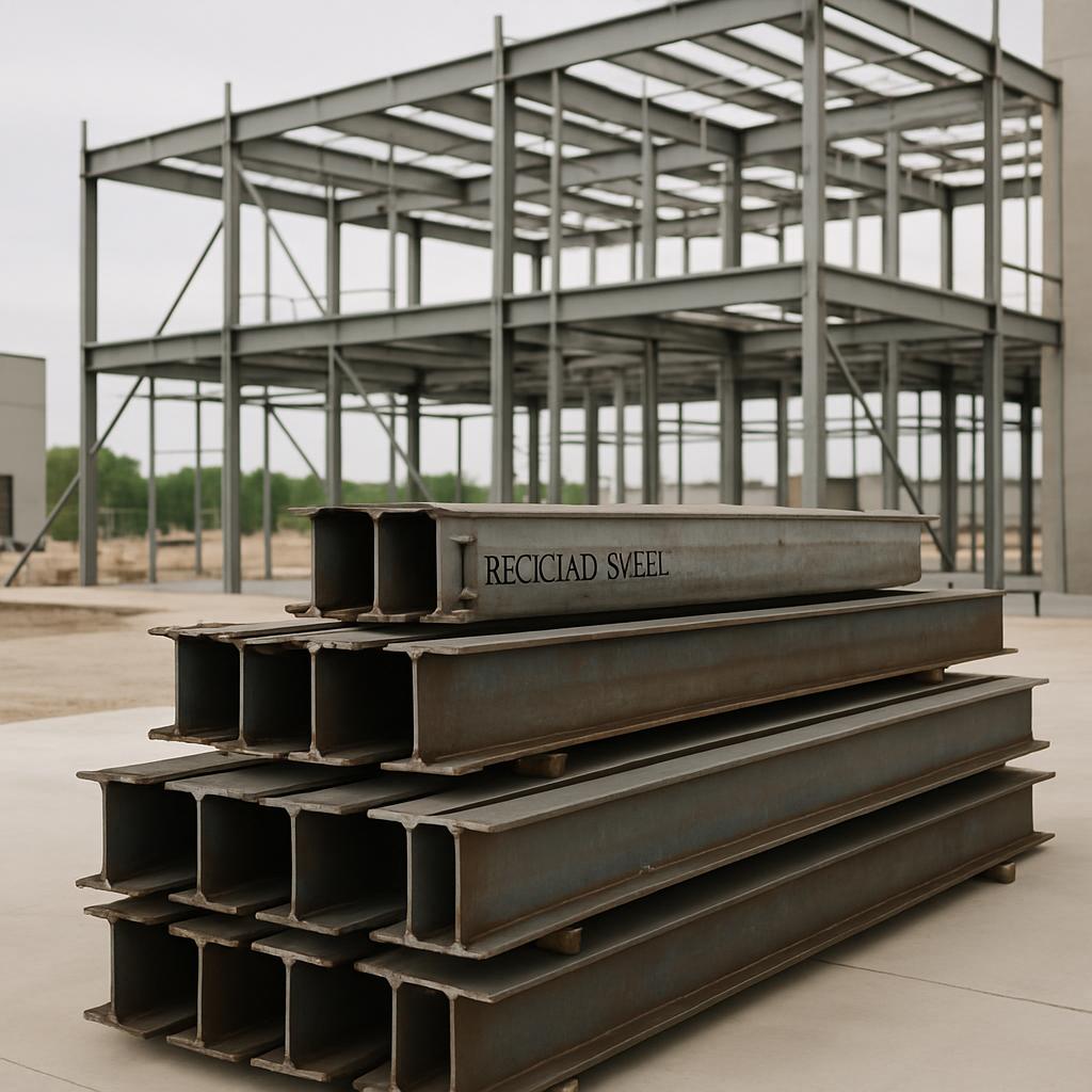 Alt: "Stacked pile of dark brown metal I-beams with "RECICLAD SWEEL" marking, background showing a steel structure's frami...