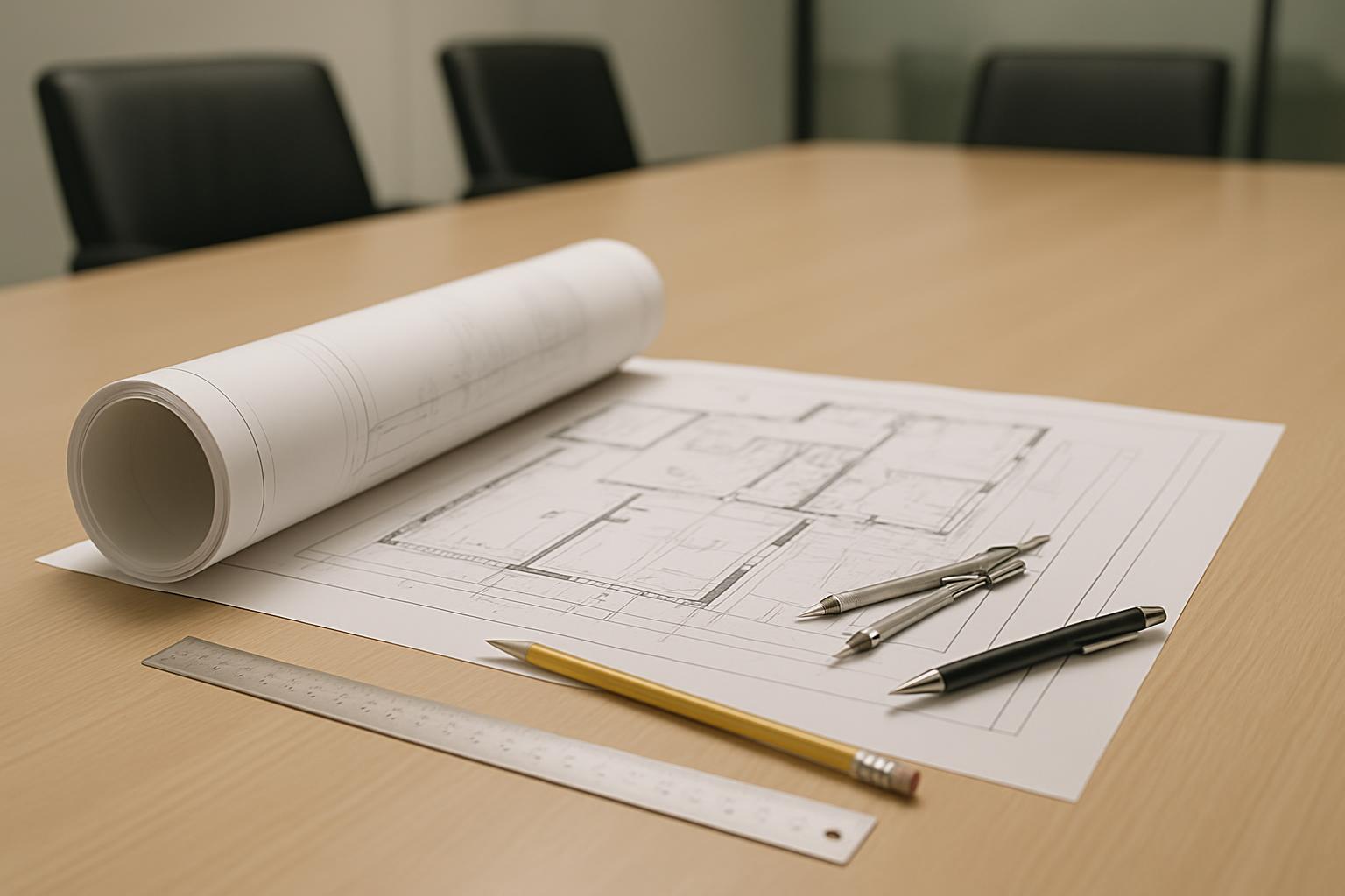 A roll of white paper rests atop architectural blueprints situated on a light-brown, circular surface. The centralized blu...