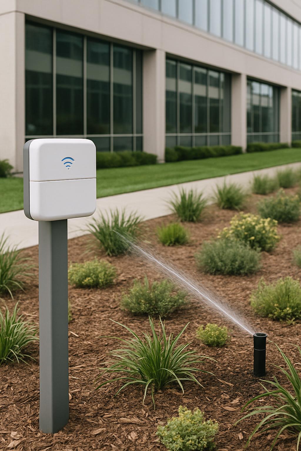 An outdoor sprinkler system with a WiFi smart irrigation controller installed.