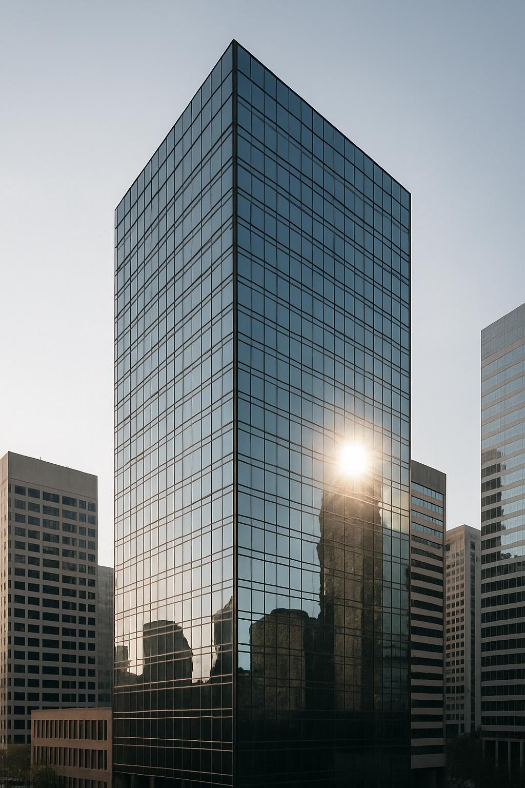 title A tall glass skyscraper reflects the cityscape, with the bright sun casting a shadow on its surface.