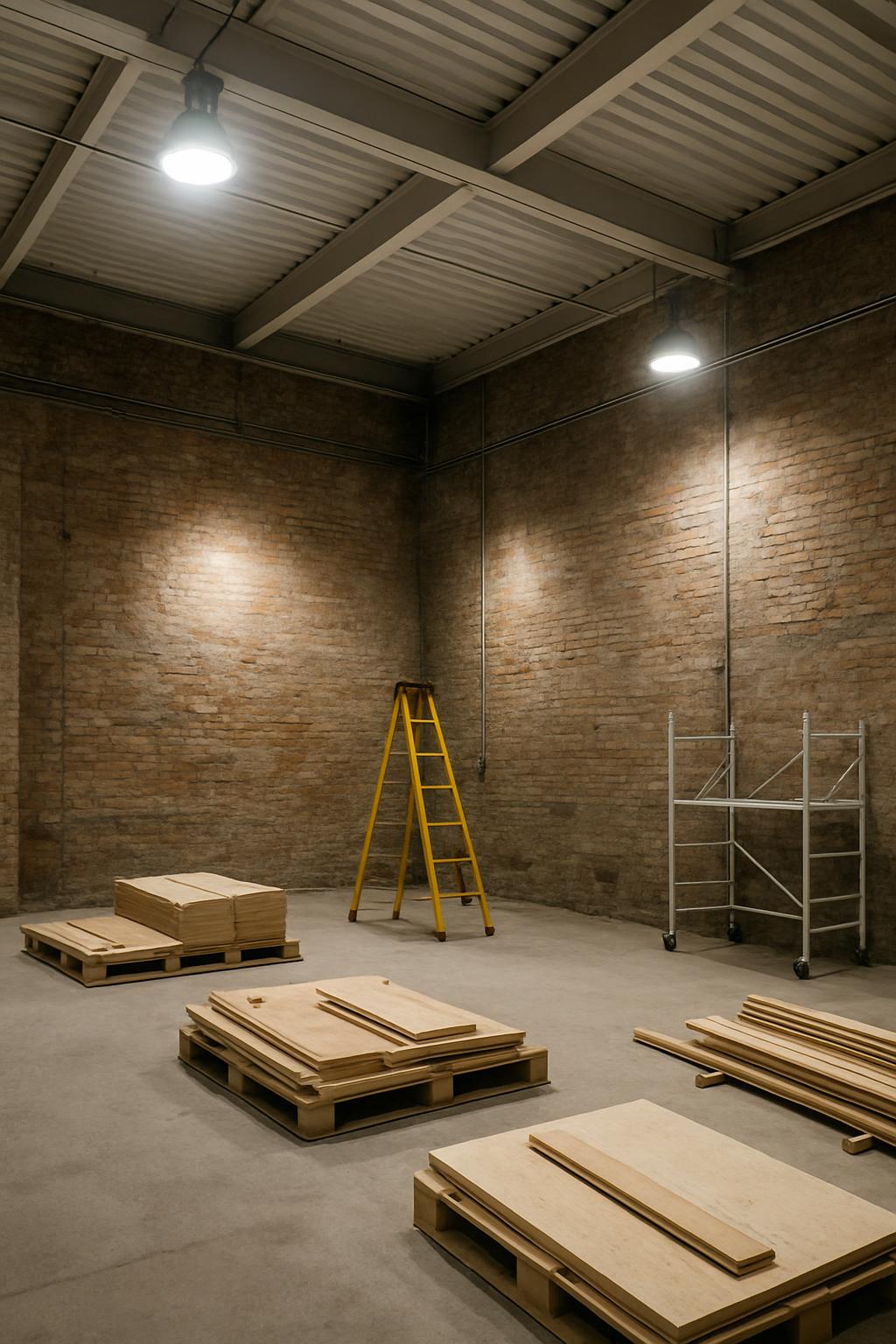 A spacious room with exposed brick walls and a high ceiling, featuring a yellow ladder and scaffolding, along with several...